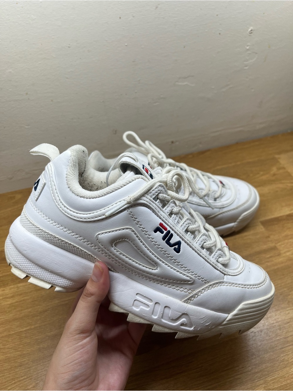 Fila White Leather Chunky Sneaker with Navy & Red Logo
